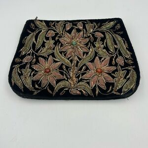 Floral Embroidered Black Clutch